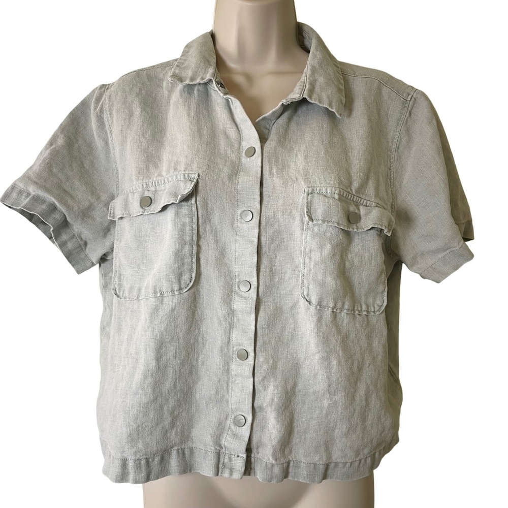 Nicole Miller 100% Linen Short Sleeve Snap Front Shirt Large Boxy Crop Fit